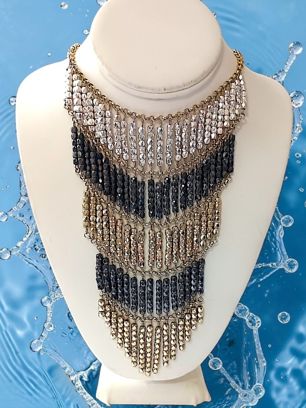 Beaded Fringe Statement‎ Necklace Black Gold Bib Tribal Boho Waterfall Cascading